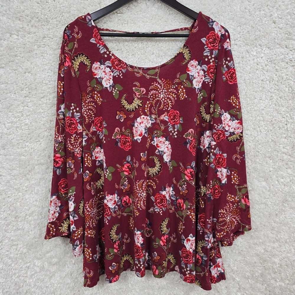 Rose & Olive Womens Floral Flared Sleeve Top 2X Boho Cottagecore Stretch‎